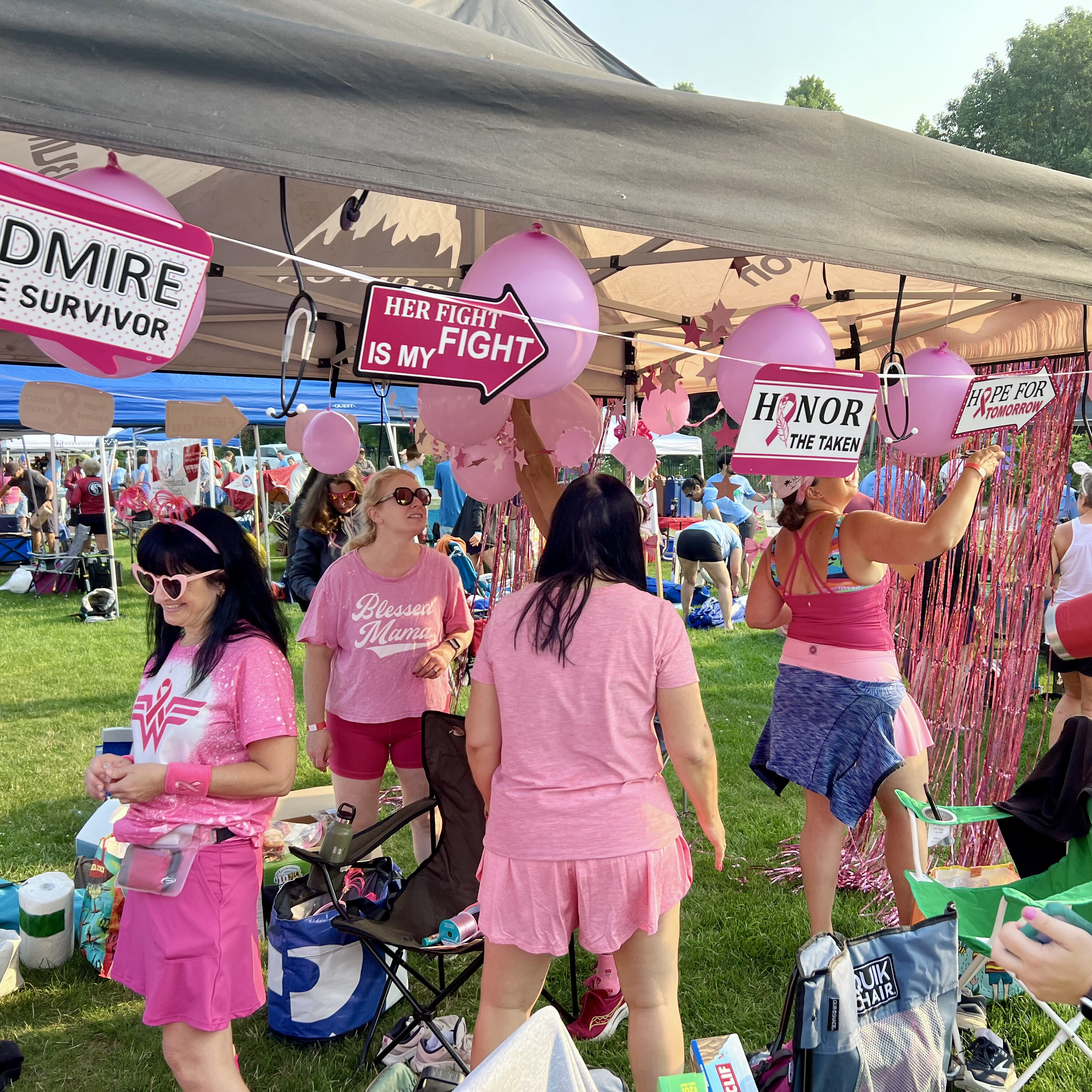 Group of people in pink attire at a charity event, with signs supporting cancer awareness.